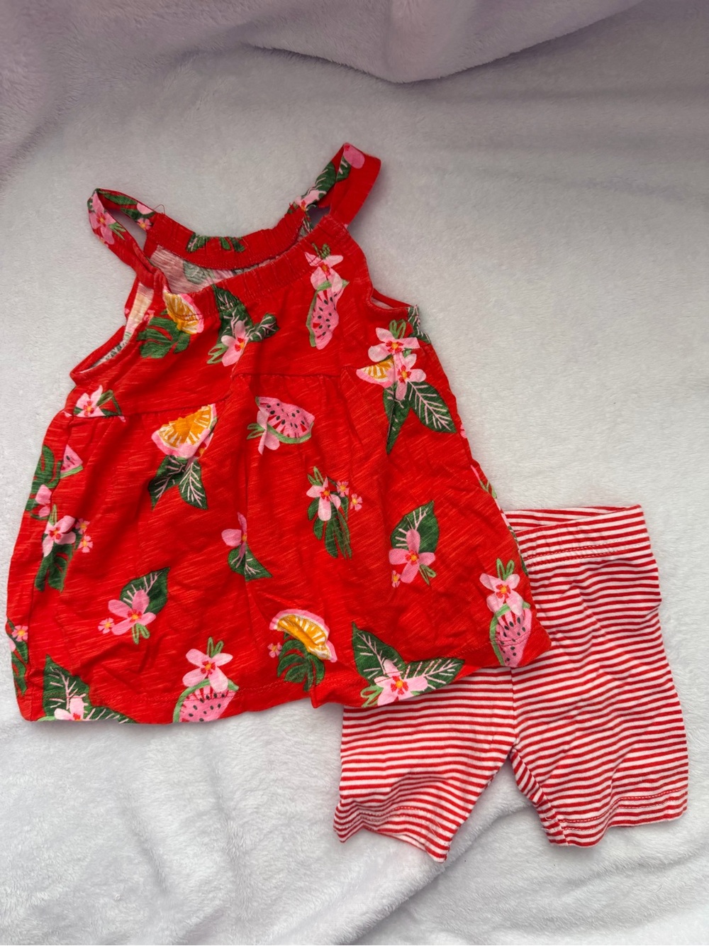 Carter's Coral Red Watermelon & Floral Tank with Striped Bike Shorts